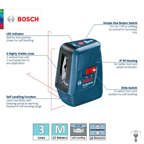 Cross Line Laser Level 0601063CJ0 Bosch GLL3X-19957