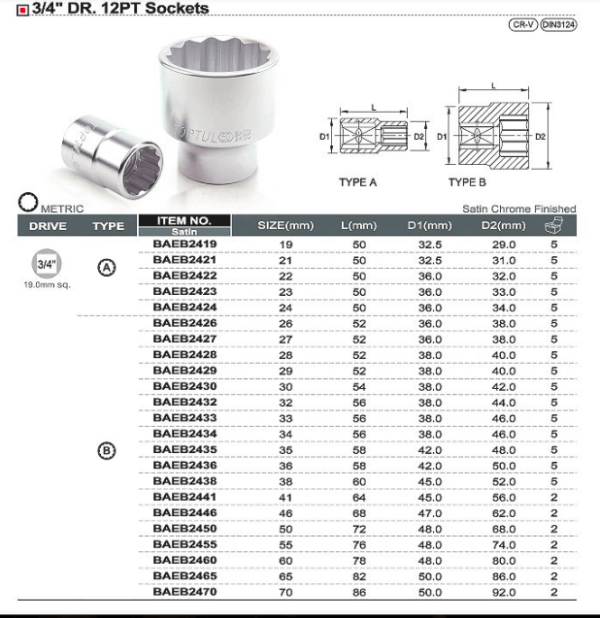 Kunci Sock 3/4 Inch Drive 12PT Sockets 28mm Toptul BAEB2428-21951