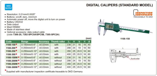 Digital Caliper (Jaw Length 60mm) 0-250mm/0-10" Insize 1108-250-23545