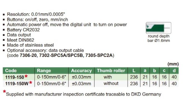 Digital Caliper With Round Depth Bar 0-150mm/0-6" Insize 1119-150-23593