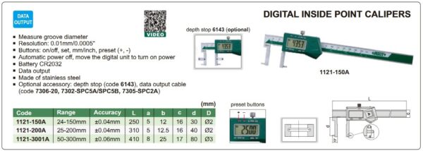 Digital Inside Point Caliper 50-300mm Insize 1121-3001A-23610