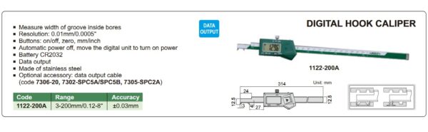 Digital Hook Caliper 3-200mm/0.12-8" Insize 1122-200A-23616
