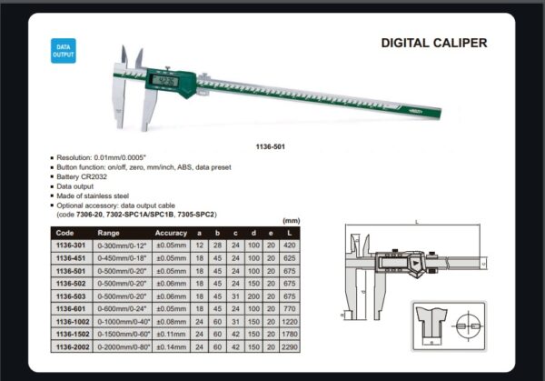 JANGKA DIGITAL CALIPER (jaw length 200mm) 0-500mm/0-20" INSIZE 1136-503-24227