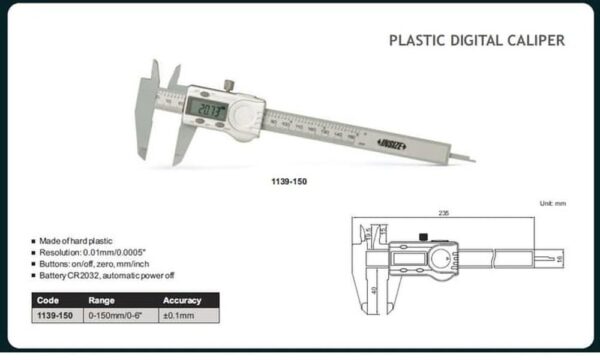 JANGKA PLASTIC DIGITAL CALIPER 0-150mm/0-6" INSIZE 1139-150-24229