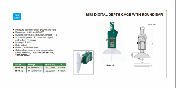 PENGUKUR KEDALAMAN MINI DIGITAL DEPTH GAGE W/ ROUND BAR 0-50mm/0-2" INSIZE 1140-50-24232