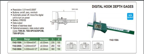 PENGUKUR KEDALAMAN DIGITAL HOOK DEPTH GAGE (base length 150mm) 0-300mm/0-12" INSIZE 1142-300A-24238