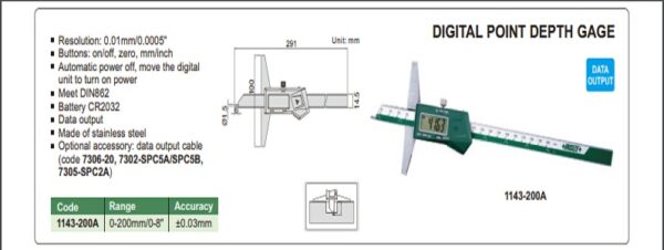 PENGUKUR KEDALAMAN DIGITAL POINT DEPTH GAGE 0-200mm/0-8" INSIZE 1143-200A-24239