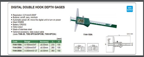 PENGUKUR KEDALAMAN DIGITAL DOUBLE HOOK DEPTH GAGE (base length 150mm) 0-300mm/0-12" INSIZE 1144-300A-24242