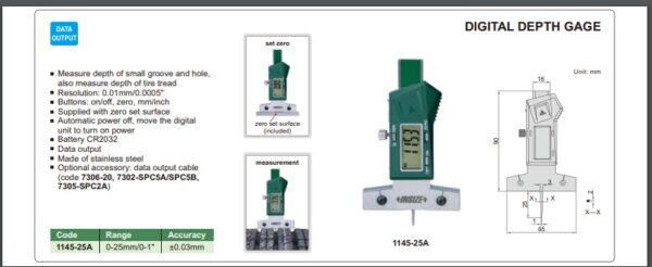 PENGUKUR KEDALAMAN DIGITAL DEPTH GAGE 0-25mm/0-1" INSIZE 1145-25A-24243
