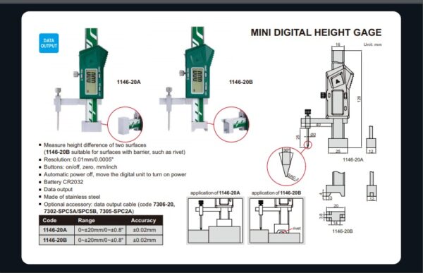 PENGUKUR KETINGGIAN MINI DIGITAL HEIGHT GAGE 0-20mm/0-0.8" INSIZE 1146-20B-24245