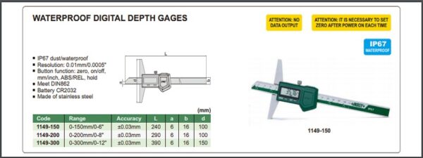 PENGUKUR KEDALAMAN WATERPROOF DIGITAL DEPTH GAGE (base length 100mm) 0-200mm/0-8" INSIZE 1149-200-24425