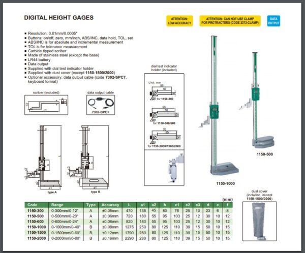 PENGUKUR KETINGGIAN LIGHT DUTY DIGITAL HEIGHT GAGE 0-500mm/0-20" INSIZE 1150-500-24432