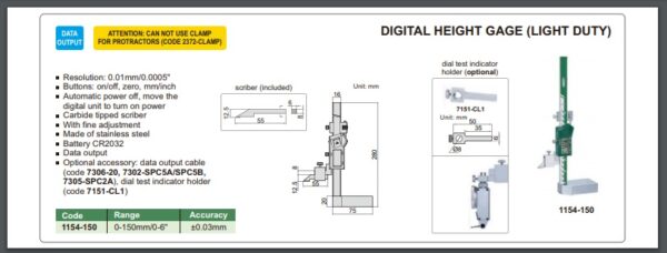 PENGUKUR KETINGGIAN DIGITAL HEIGHT GAGE 0-150mm/0-6" INSIZE 1154-150-24434