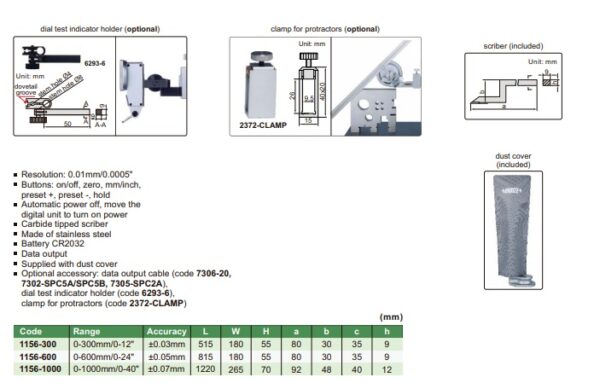 PENGUKUR KETINGGIAN DIGITAL HEIGHT GAGE W/ DRIVING WHEEL 0-600mm/0-24" INSIZE 1156-600-25345