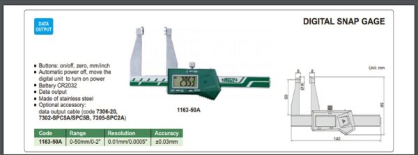 JANGKA CELAH DIGITAL SNAP GAGE 0-50mm/0-2" INSIZE 1163-50A-24440