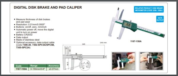 JANGKA DIGITAL DISK BRAKE AND PAD CALIPER 0-150mm/0-6" INSIZE 1167-150A-24445