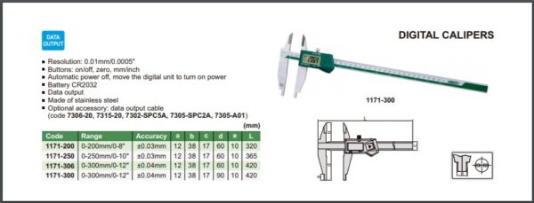 JANGKA DIGITAL CALIPER (jaw length 60mm) 0-200mm/0-8“ INSIZE 1171-200-24581