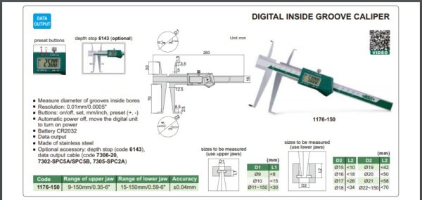 JANGKA DIGITAL INSIDE GROOVE CALIPER 9-150mm/0.35-6" INSIZE 1176-150-24585