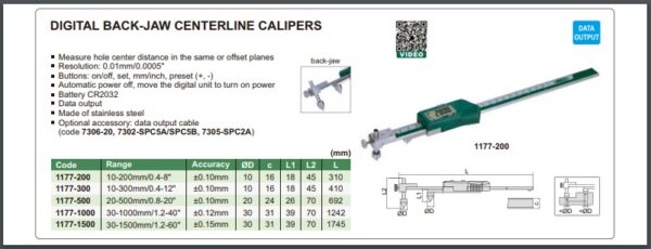 JANGKA DIGITAL BACK-JAW CENTERLINE CALIPER 10-200mm/0.4-8" INSIZE 1177-200-24586