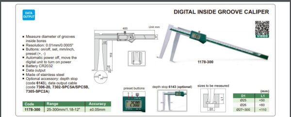 JANGKA DIGITAL INSIDE GROOVE CALIPER 25-300mm/1.18-12" INSIZE 1178-300-24588