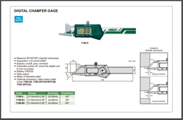 PEMBUAT LUBANG DIGITAL CHAMFER GAGE (45 degree) 0-10mm/0-0.39" INSIZE 1180-6-24591