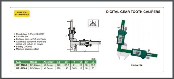 JANGKA DIGITAL GEAR TOOTH CALIPER M1-25mm INSIZE 1181-M25A-24592