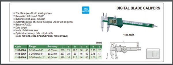 JANGKA DIGITAL BLADE CALIPER 0-150mm/0-6" INSIZE 1188-150A-24908