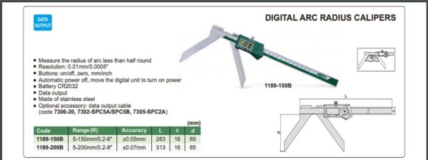 JANGKA DIGITAL ARC RADIUS CALIPER 5-200mm/0.2-8" INSIZE 1189-200B-24916