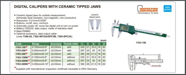 JANGKA DIGITAL CALIPER W/ CERAMIC TIPPED JAWS 0-150mm/0-6" INSIZE 1193-150-24927