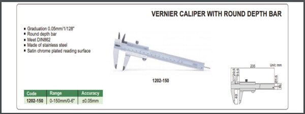 JANGKA VERNIER CALIPER W/ ROUND DEPTH BAR 0-150mm/0-6" INSIZE 1202-150-24932