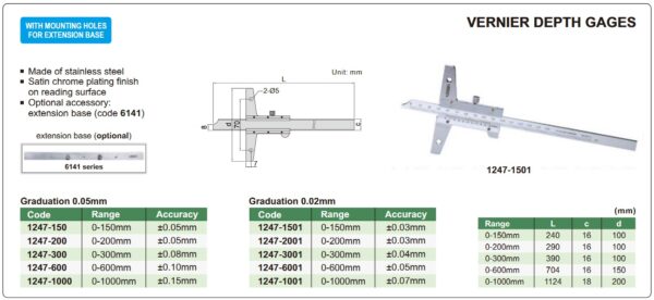 Vernier Depth Gage (Base Length 100mm) 0-300mm Insize 1247-3001-23703