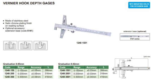 Vernier Hook Depth Gage 0-300mm Insize 1248-300-23737