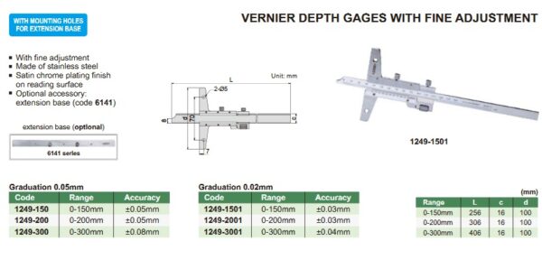 Vernier Depth Gage With Fine Adjustment 0-300mm Insize 1249-300-23749