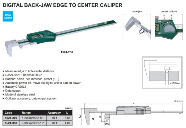Digital Back-Jaw Edge To Center Caliper 5-200mm/0.2-8" Insize 1524-200-23828