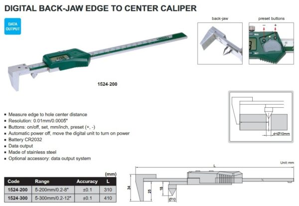 Digital Back-Jaw Edge To Center Caliper 5-300mm/0.2-12" Insize 1524-300-23830