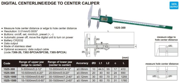 Digital Centerline / Edge To Center Caliper 15-1000mm/0.6-40" Insize 1525-1000-23832