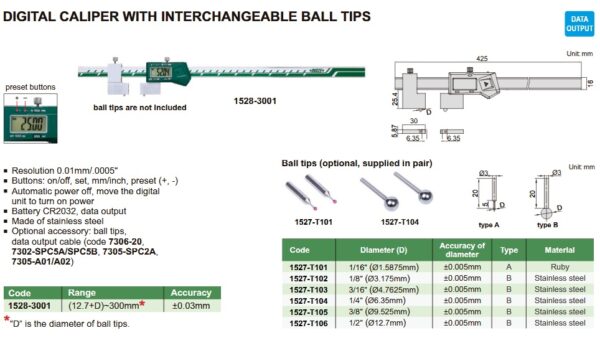 Electronic Caliper With Interchangeable Ball Tips Insize 1528-300-23878