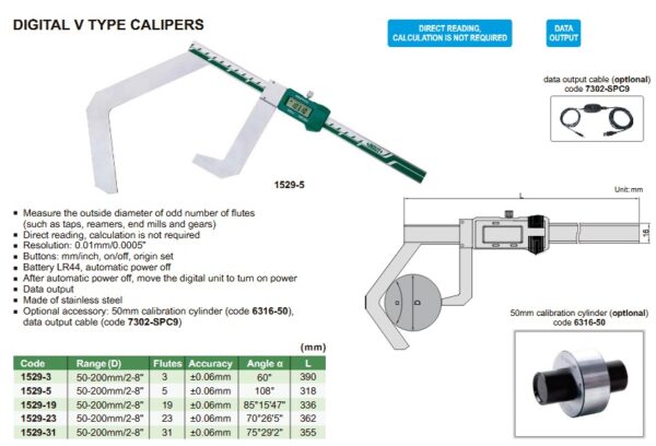 Digital V Type Caliper 50-200mm/2-8" Insize 1529-5-23888