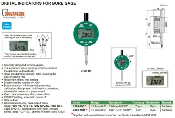 Digital Indicator For Bore Gage (Flat Back) 12.7mm/0.5" Insize 2108-101F-23948