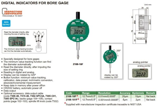 Digital Indicator For Bore Gage (Flat Back) 12.7mm/0.5" Insize 2108-10F-23950