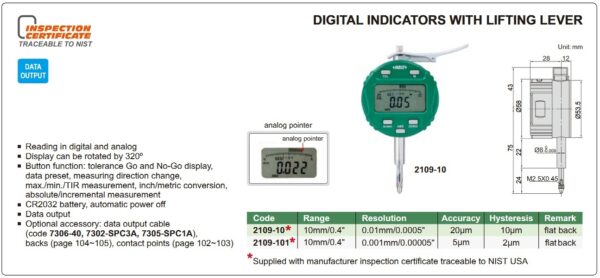 Digital Indicator With Lifting Lever (Flat Back) 10mm/0.4" Insize 2109-101-23954