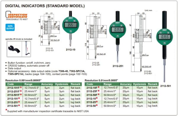 Digital Indicator (Flat Back) 25.4mm/1" (standar model) Insize 2112-251F-23956