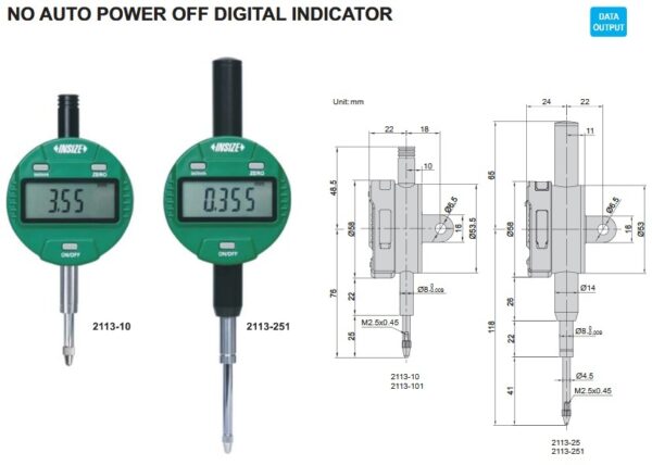 No Auto Power Off Digital Indicator (Flat Back) 12.7mm/0.5" Insize 2113-101F-24014