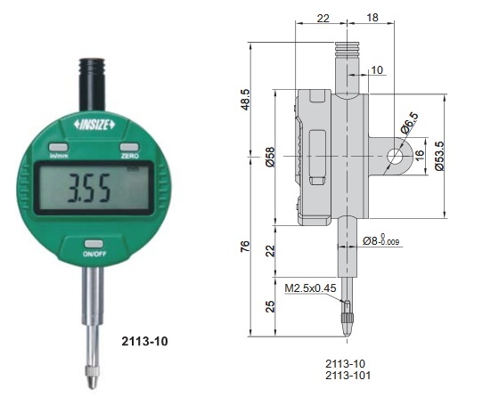 No Auto Power Off Digital Indicator (flat back) 12.7mm/0.5" Insize 2113-10F-0