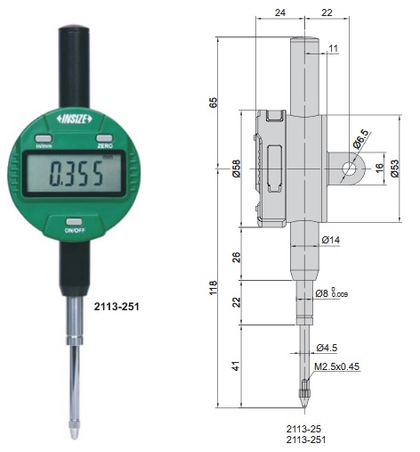 No Auto Power Off Digital Indicator (lug back) 25.4mm/1" Insize 2113-251-0