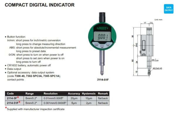 Compact Digital Indicator (flat back) 5mm/0.2" Insize 2114-5F-24081