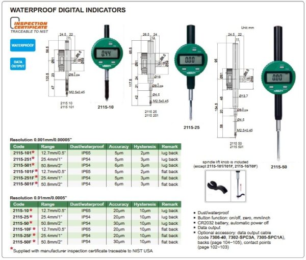 Waterproof Digital Indicator (lug back) 50.8mm/2" Insize 2115-501-24213