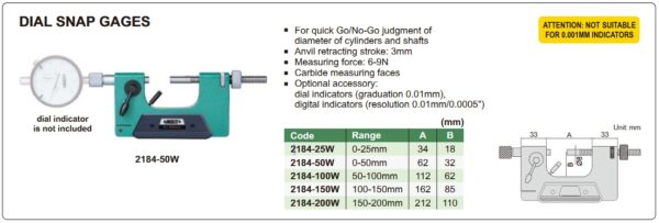 Dial Snap Gage (Indicator is not Included) 0-25mm Insize 2184-25W-24252