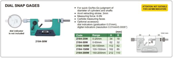 Dial Snap Gage (Indicator is not Included) 0-50mm Insize 2184-50W-24254