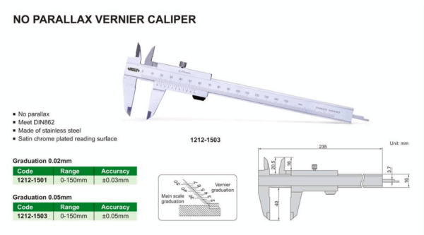 Jangka Sorong No Paralax Vernier Caliper 0.02mm Insize 1212-1501-23899